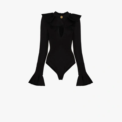 Shop Balmain Ruffle Trim Bodysuit In Black