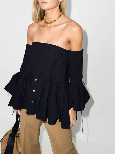 Shop Rosie Assoulin Off-the-shoulder Ruffled Blouse In Blue