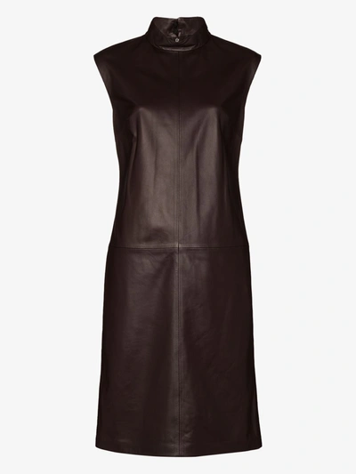 Shop Joseph Sleeveless Leather Shift Dress In Brown