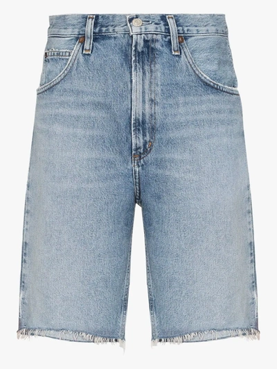 Shop Agolde Frayed Denim Shorts In Blue