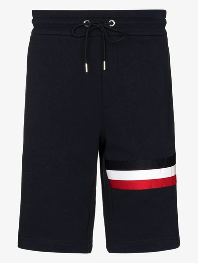 Shop Moncler Stripe Trim Cotton Track Shorts In Blue