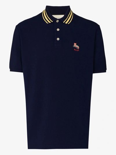 Shop Gucci Cat Embroidery Cotton Polo Shirt In Blue