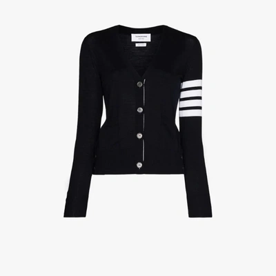 Thom Browne Four Bar Tricolour Stripe Placket Merino Wool Cardigan In Blau