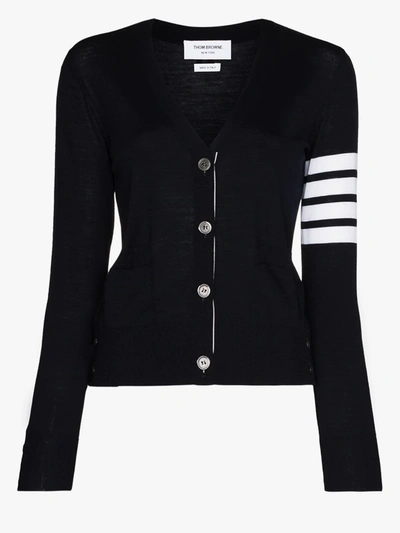 Thom Browne Four Bar Tricolour Stripe Placket Merino Wool Cardigan In Blau