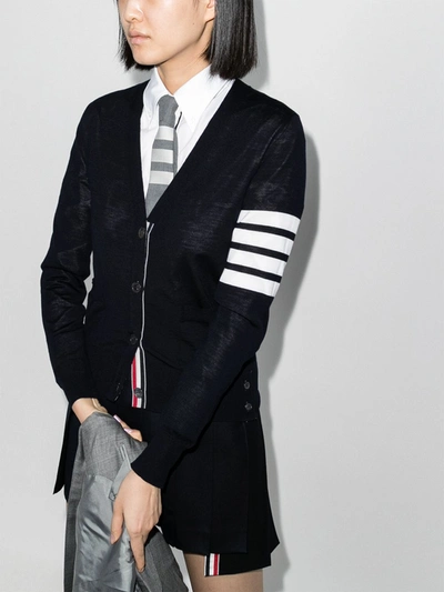 Thom Browne Four Bar Tricolour Stripe Placket Merino Wool Cardigan In Blau