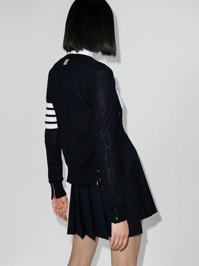 Thom Browne Four Bar Tricolour Stripe Placket Merino Wool Cardigan In Blau