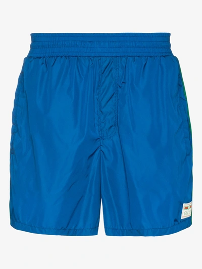 Shop Gucci Blue Web Stripe Swim Shorts