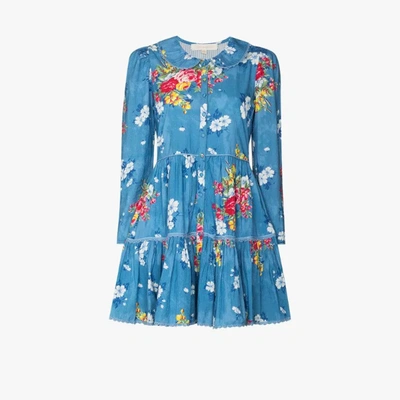 Shop Loveshackfancy Marzia Floral Cotton Mini Dress In Blue
