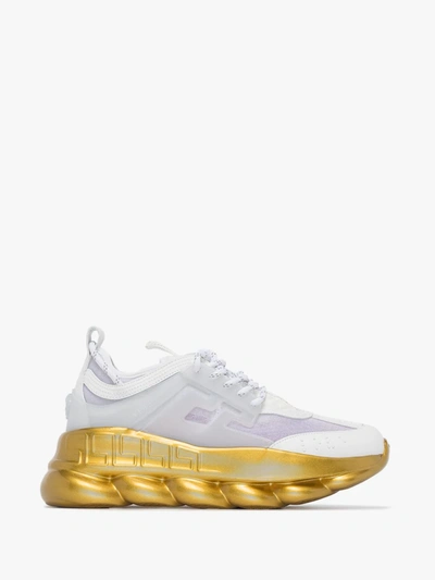 Shop Versace White And Gold Chain Reaction Leather Sneakers In Yellow