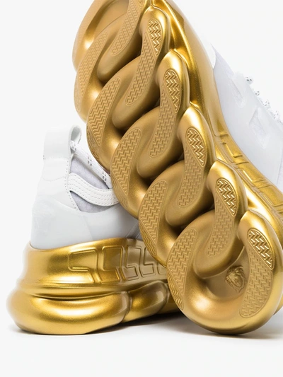 Shop Versace White And Gold Chain Reaction Leather Sneakers In Yellow