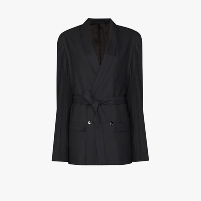 Shop Lemaire Grey Belted Double-breasted Blazer