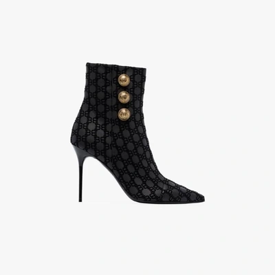 Shop Balmain Black Roni 95 Flocked Leather Ankle Boots