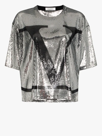 Shop Valentino Vlogo Sequin T-shirt In Silver