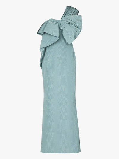 Shop Oscar De La Renta Blue One Shoulder Bow Silk Gown