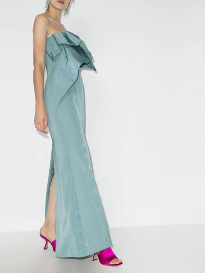 Shop Oscar De La Renta Blue One Shoulder Bow Silk Gown