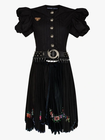 Shop Chopova Lowena Avalanche Belted Embroidered Cotton Puff Sleeve Dress In Black