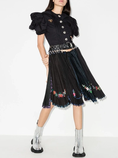 Shop Chopova Lowena Avalanche Belted Embroidered Cotton Puff Sleeve Dress In Black
