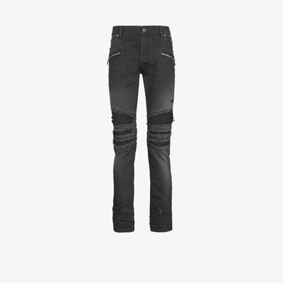 Shop Balmain Grey Distressed Rib Panel Jeans