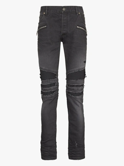 Shop Balmain Grey Distressed Rib Panel Jeans