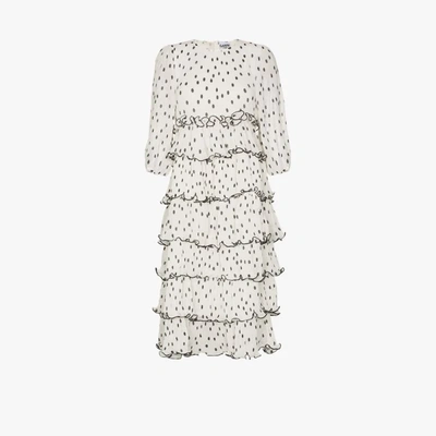 Shop Ganni White Polka Dot Pleated Tiered Dress