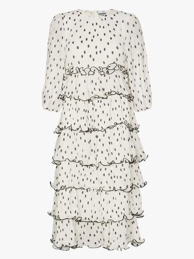 Shop Ganni White Polka Dot Pleated Tiered Dress