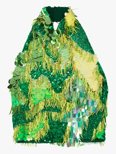 Shop Ashish Sequin Halterneck Top In Green