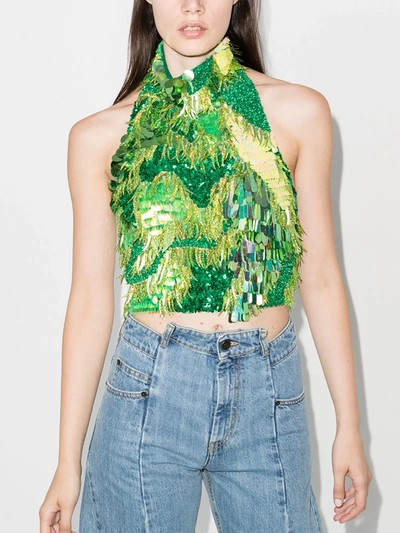 Shop Ashish Sequin Halterneck Top In Green