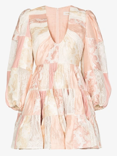 Shop Zimmermann Patchwork Tiered Mini Dress In Pink