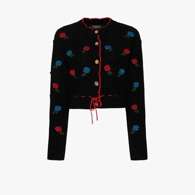 Shop Versace Embroidered Rose Wool Cardigan In Black