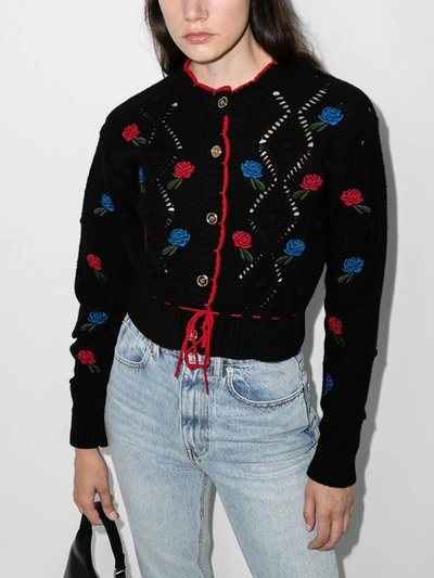 Shop Versace Embroidered Rose Wool Cardigan In Black