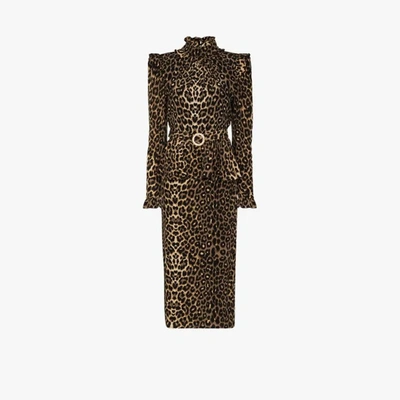 Shop Alessandra Rich Leopard Print Silk Midi Dress In Brown