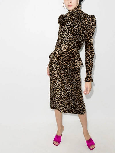 Shop Alessandra Rich Leopard Print Silk Midi Dress In Brown
