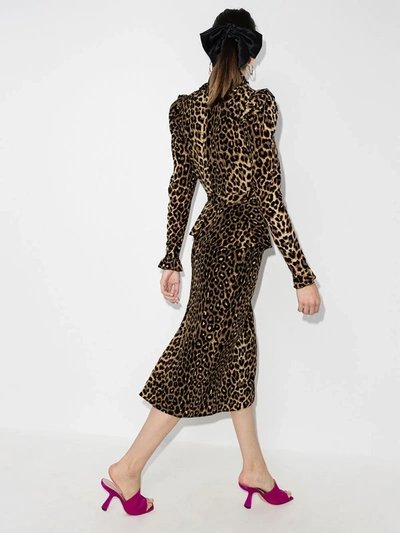 Shop Alessandra Rich Leopard Print Silk Midi Dress In Brown