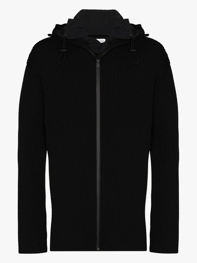 Shop Bottega Veneta Black Ribbed Hooded Cardigan