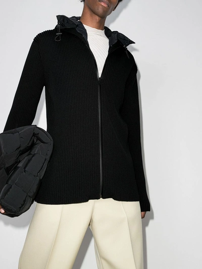 Shop Bottega Veneta Black Ribbed Hooded Cardigan