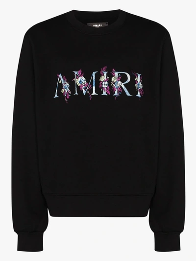 Shop Amiri Black Floral Logo Cotton Sweatshirt