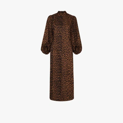 Shop Ganni Pouf Sleeve Leopard Print Dress In Brown