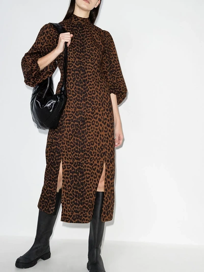 Shop Ganni Pouf Sleeve Leopard Print Dress In Brown