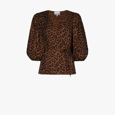 Shop Ganni Leopard Print Wrap Blouse In Brown