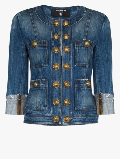 Shop Balmain Padded Shoulder Denim Jacket In Blue