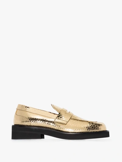 Shop Marni Gold Snake Effect Leather Loafers