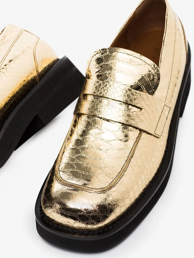 Shop Marni Gold Snake Effect Leather Loafers