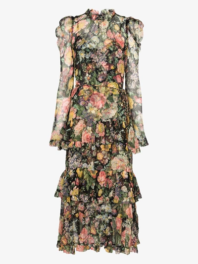 Shop Zimmermann Ladybeetle Floral Puff Sleeve Dress In Black