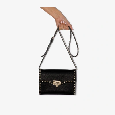 Valentino Black Rockstud Cross-body Bag In Grained Calfskin In Black
