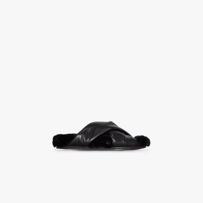 Shop Simone Rocha Black Flat Leather Faux Fur Sandals