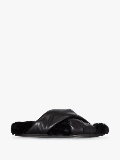 Shop Simone Rocha Black Flat Leather Faux Fur Sandals