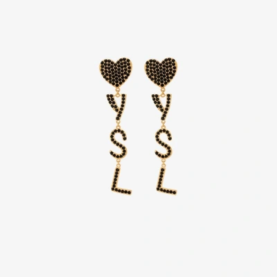 Shop Saint Laurent Gold Tone Heart Logo Drop Earrings