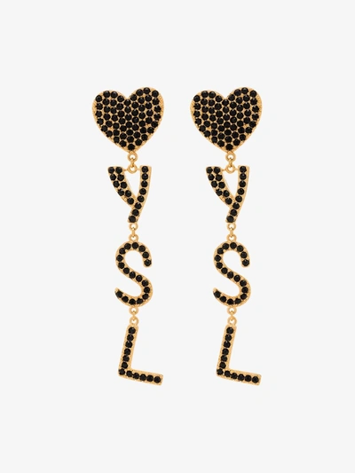 Shop Saint Laurent Gold Tone Heart Logo Drop Earrings