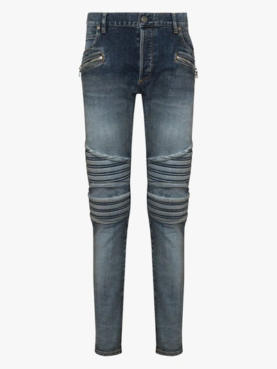 Shop Balmain Monogram Embossed Slim Fit Jeans In Blue