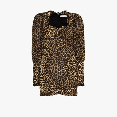 Shop Alessandra Rich Leopard Print Silk Puff Sleeve Dress In Brown